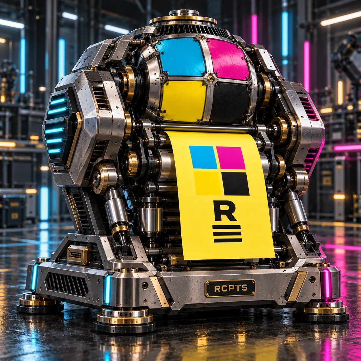 A cinematic industrial RECEIPTS printer producing a fluorescent yellow receipt with cyan, magenta, yellow and black squares.